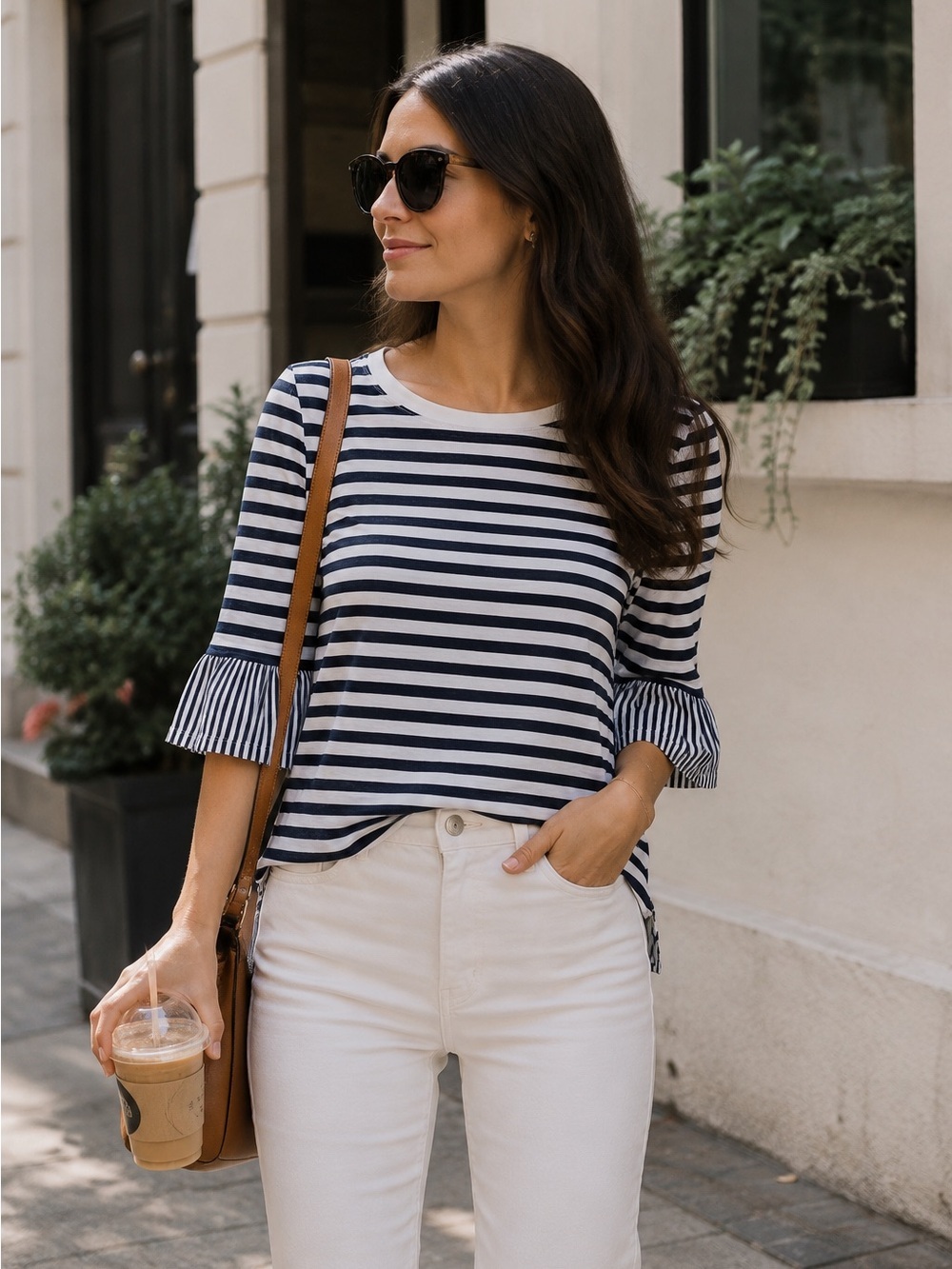 Kobi Halperin Navy Stripe Bell Sleeve Ruffle Top SZ S